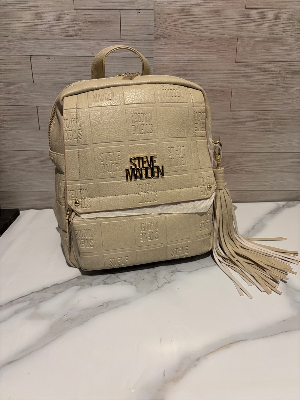 Steve Madden Beige Tassel Mini Backpack